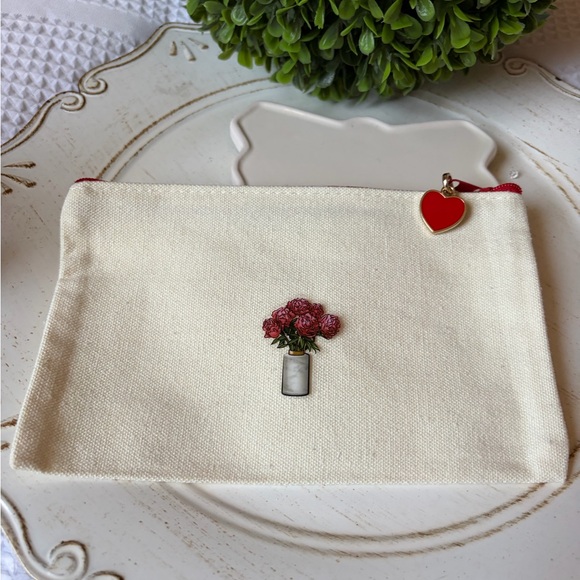 Handbags - Cream Pouch with Red Flower Design